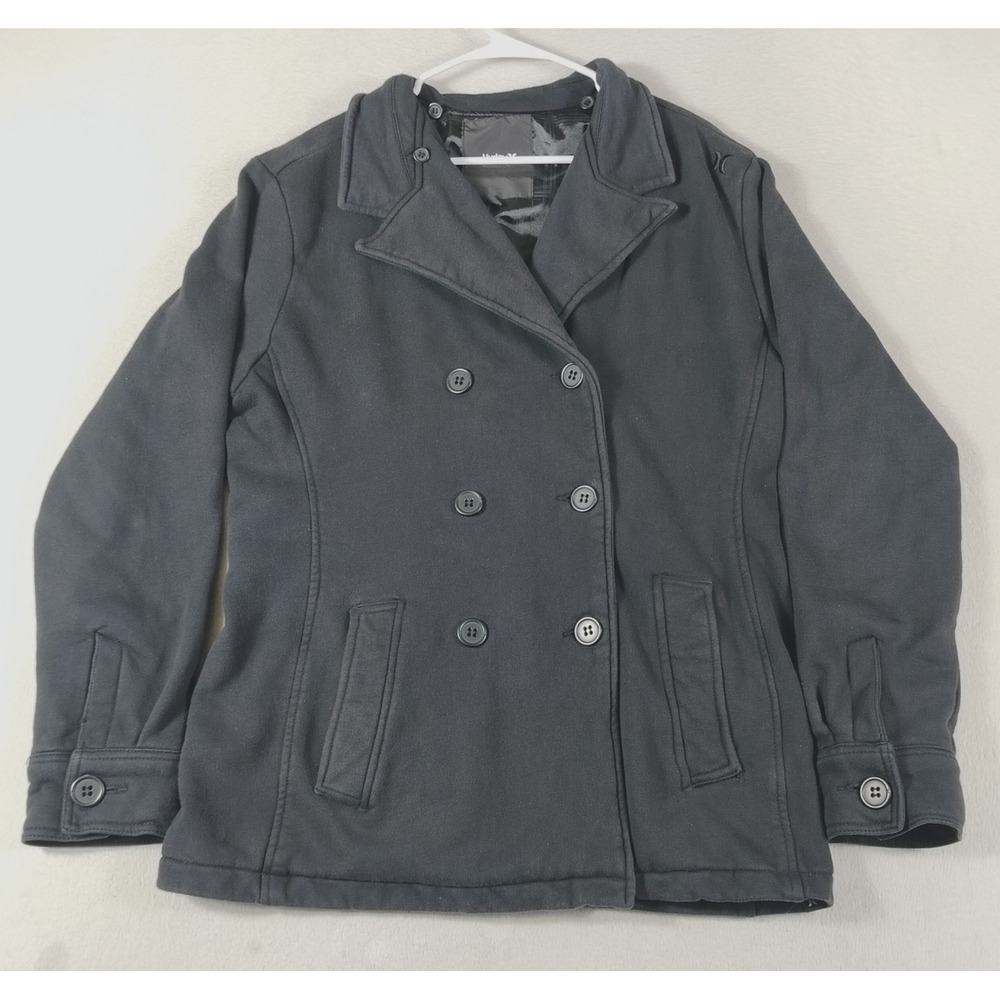 Hurley Coat Mens Large Black Pea Coat Jacket Fleece Lined Mid Length Casual